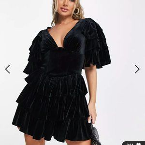 velvet ruffle sleeve and ruffle pep corset mini dress